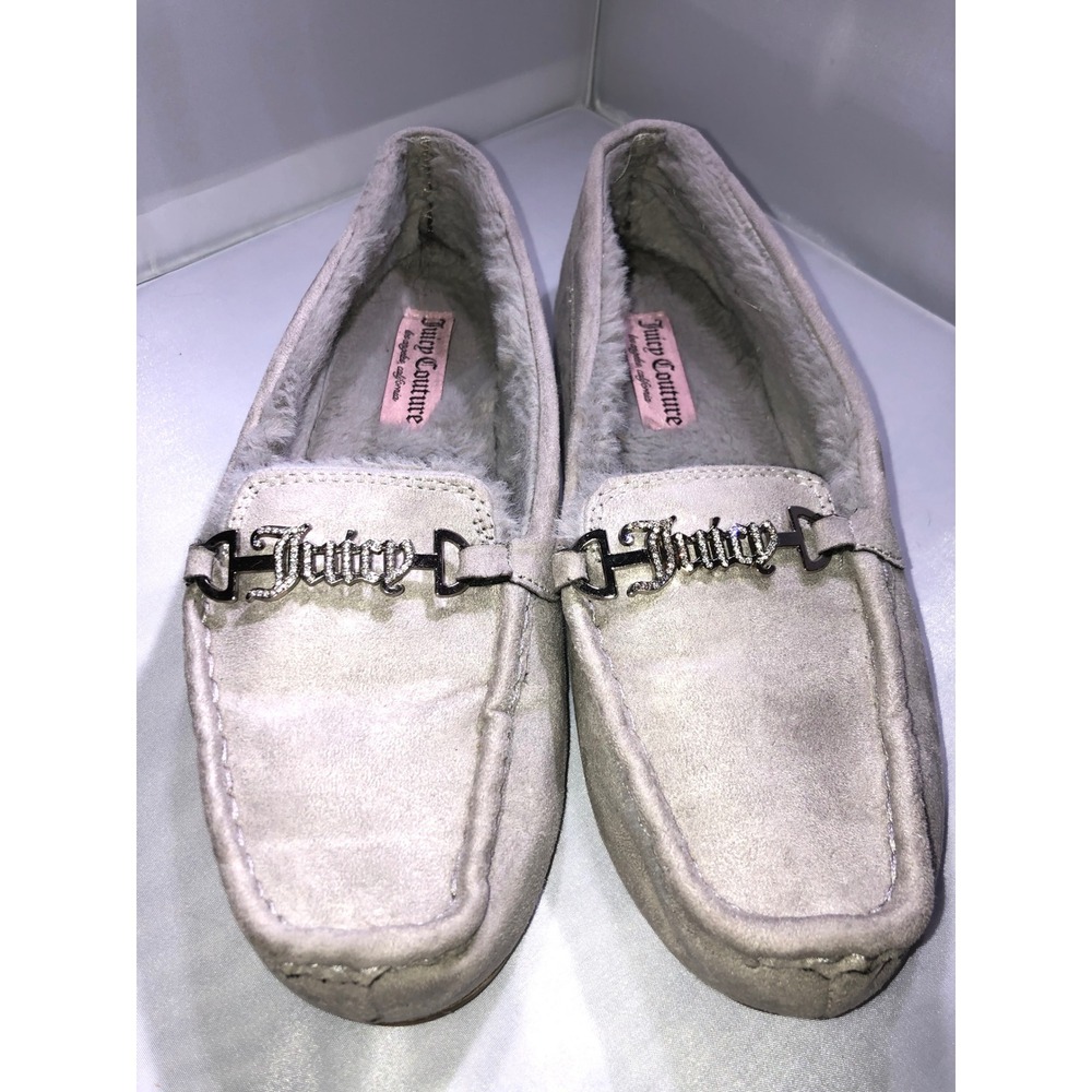 Juicy Couture Intoit Grey Faux Suede Fur Lined Rhinestone Logo Slippers Size 10